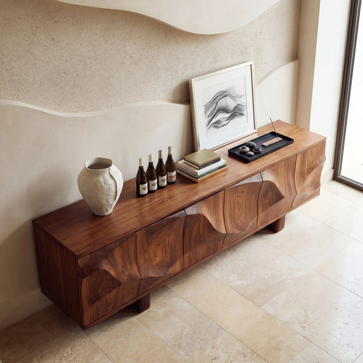 Modern Flowing Carved Sideboard For Living Room