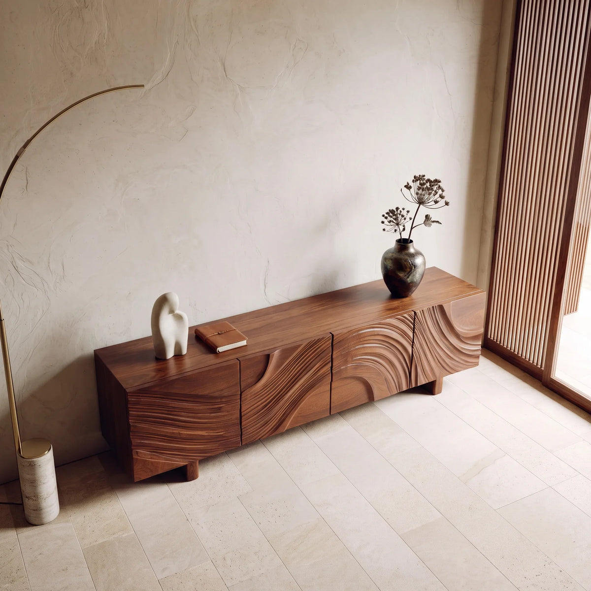 Contemporary Ripple Carved Sideboard For Entryway