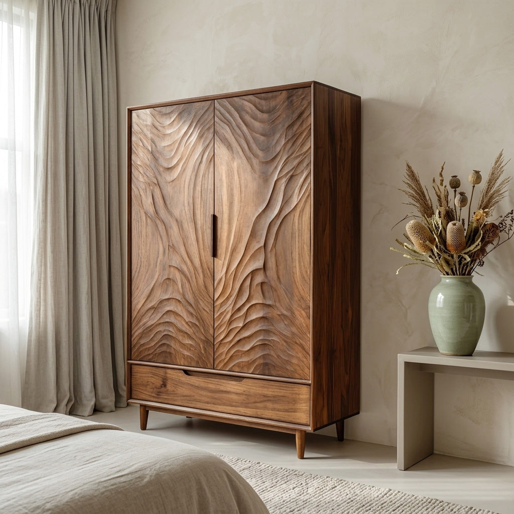 Organic Wardrobe With Carved Door For Bedroom