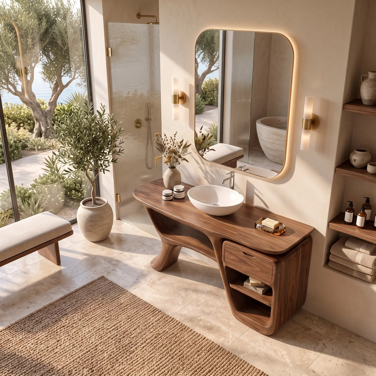 Modern Bathroom Vanity Curved Frame Storage For Spa Bathroom