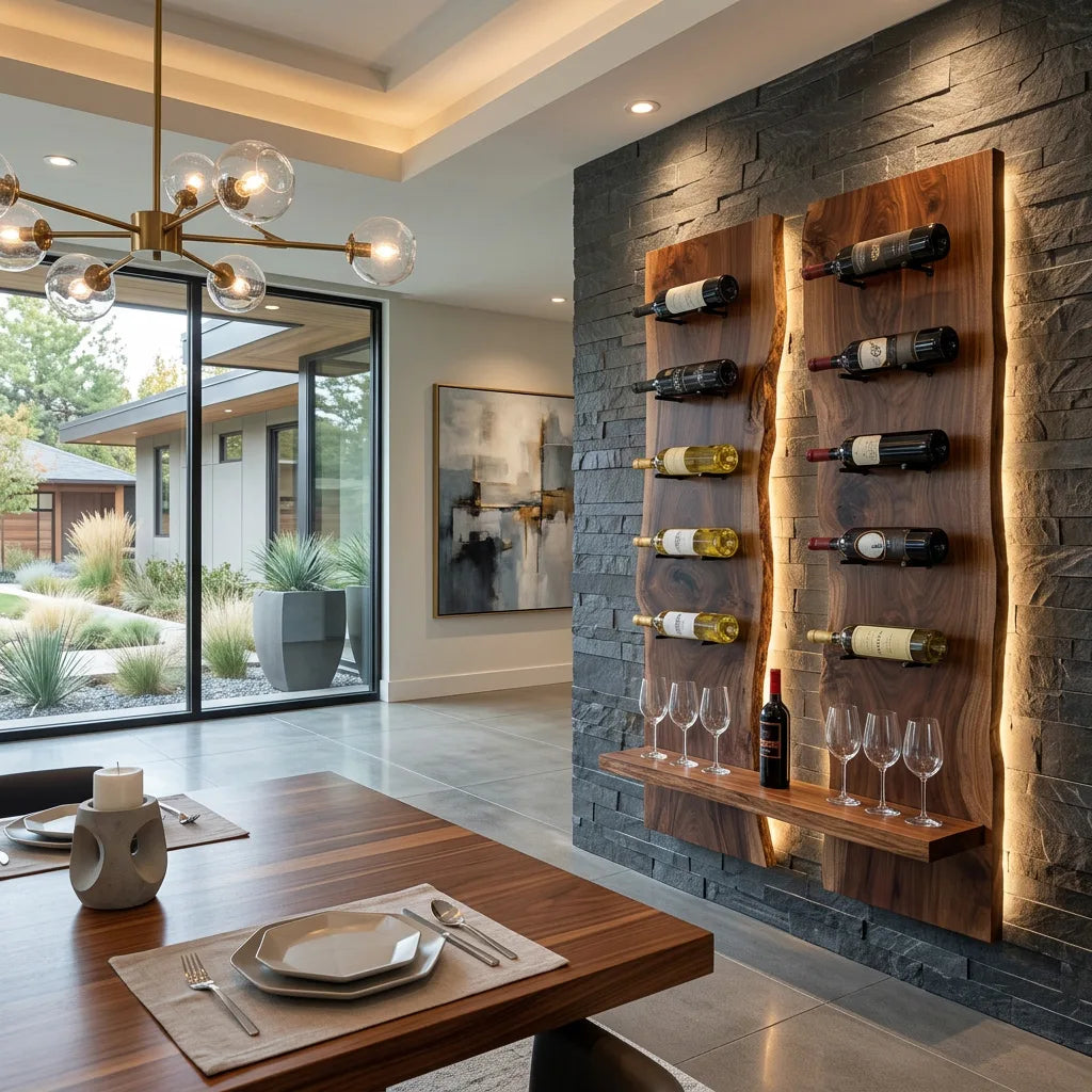 Contemporary Live Edge Wine Rack With Display Shelf For Dining Room