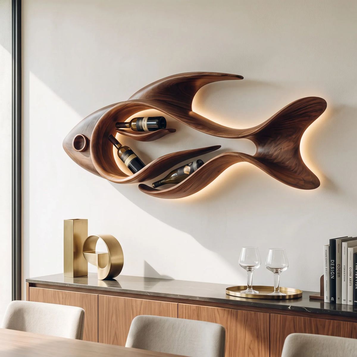 Contemporary Sculptural Fish Wine Rack For Home Bar