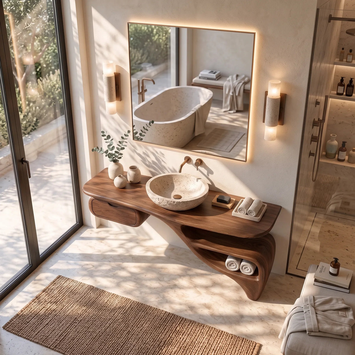 Sculptural Bathroom Vanity Flowing Shelves With Storage For Luxury Bathroom