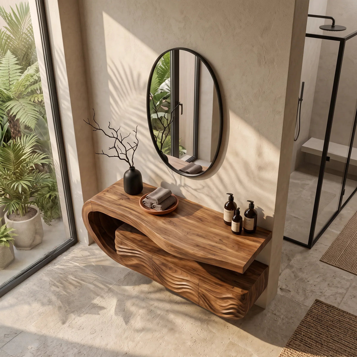 Minimalist Floating Bathroom Vanity Wave Carved Cabinet For Modern Bathroom