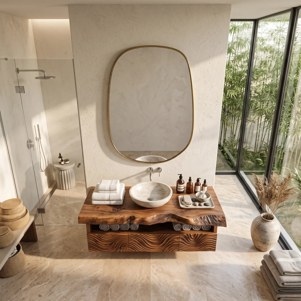 Organic Modern Floating Bathroom Vanity Wave Carved Drawers For Spa