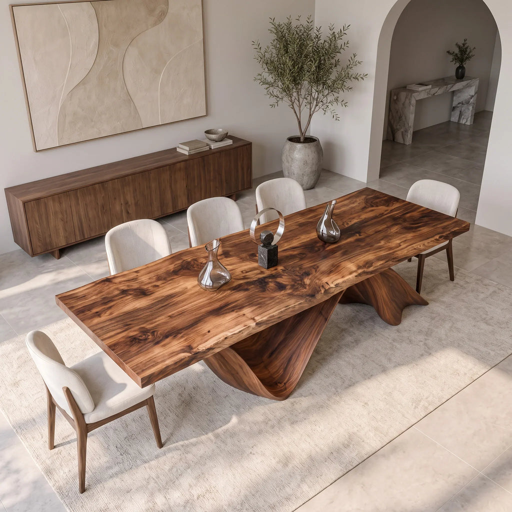 Luxury Natural Wood Dining Table Wave Base For Dining Room