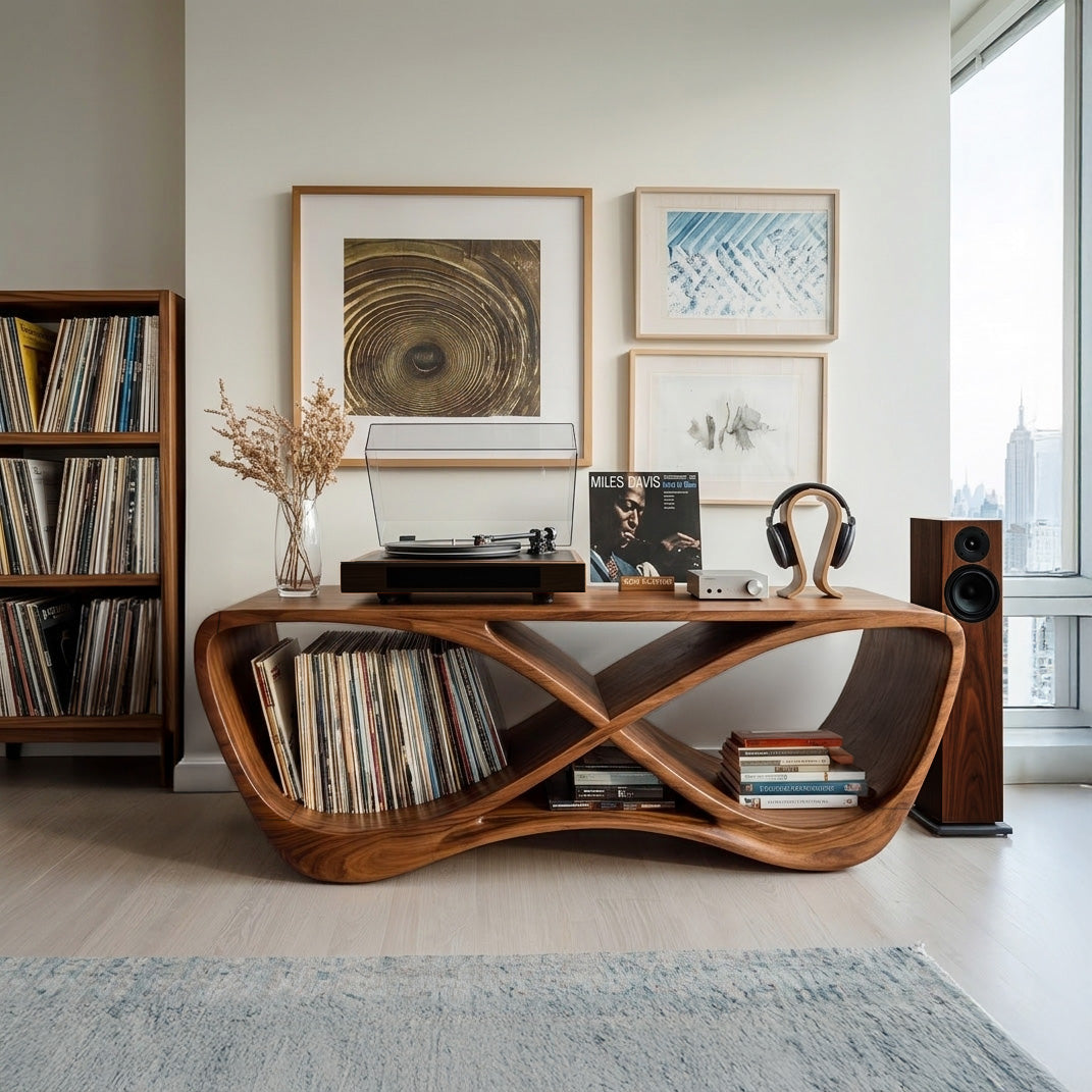 Contemporary Curved Wooden Record Player Console For Living Room