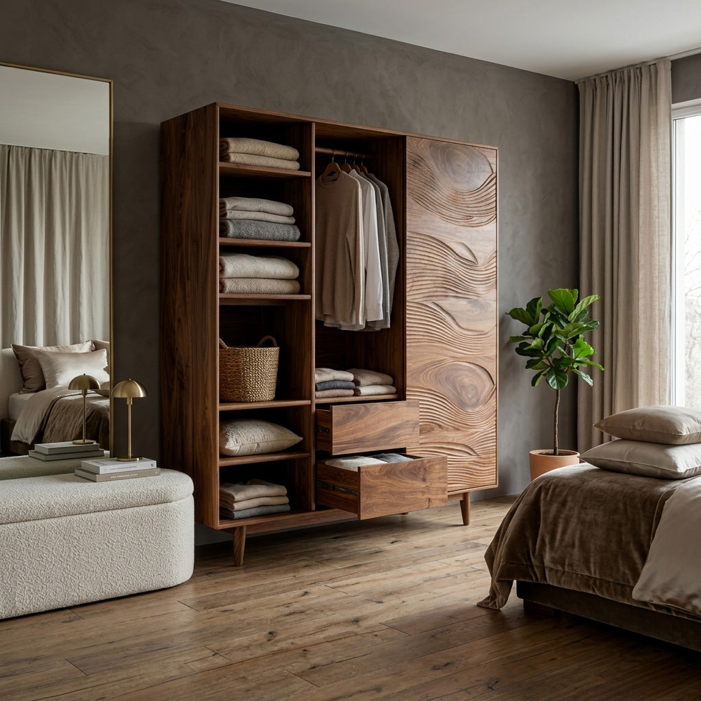 Minimal Wardrobe With Carved Front For Bedroom Space
