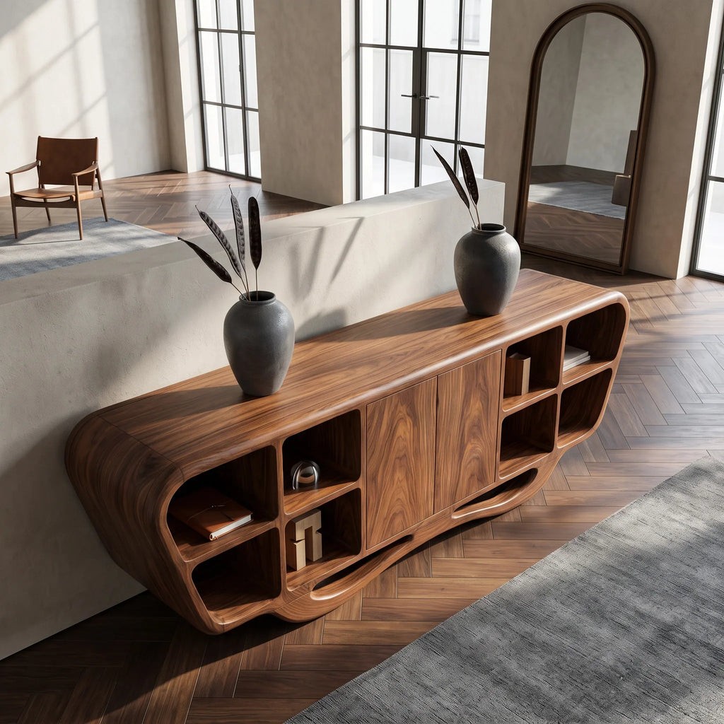 Modern Sculptural Open Shelf Sideboard For Living Room