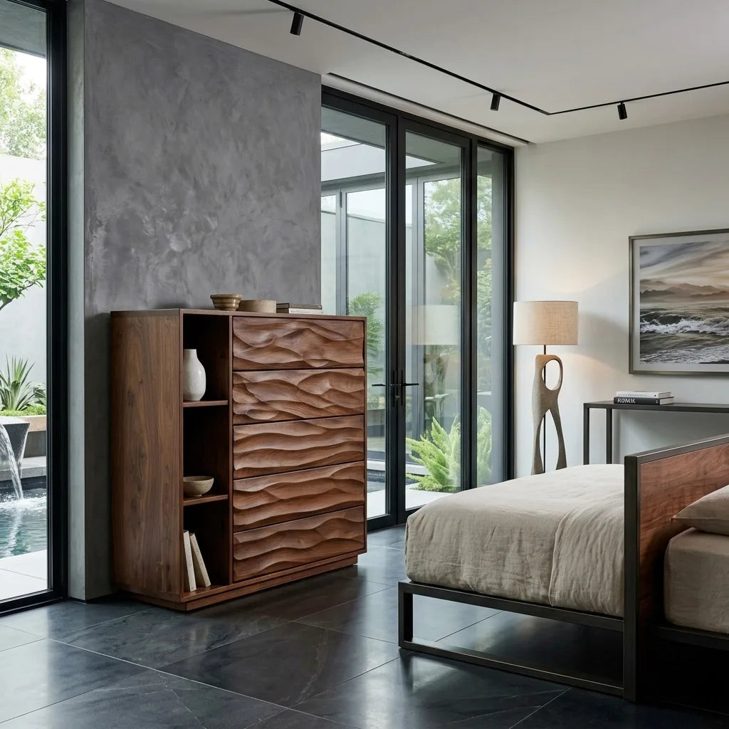 Contemporary Wave Carved Dresser With Shelves For Bedroom