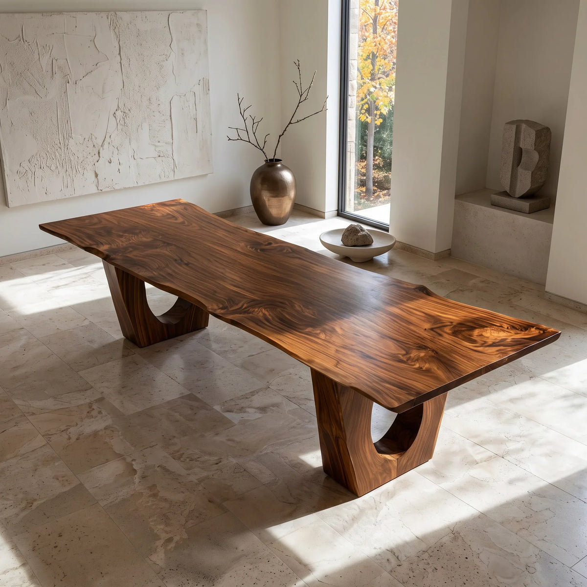 Modern Live Edge Wood Dining Table Sculptural Base For Dining Room