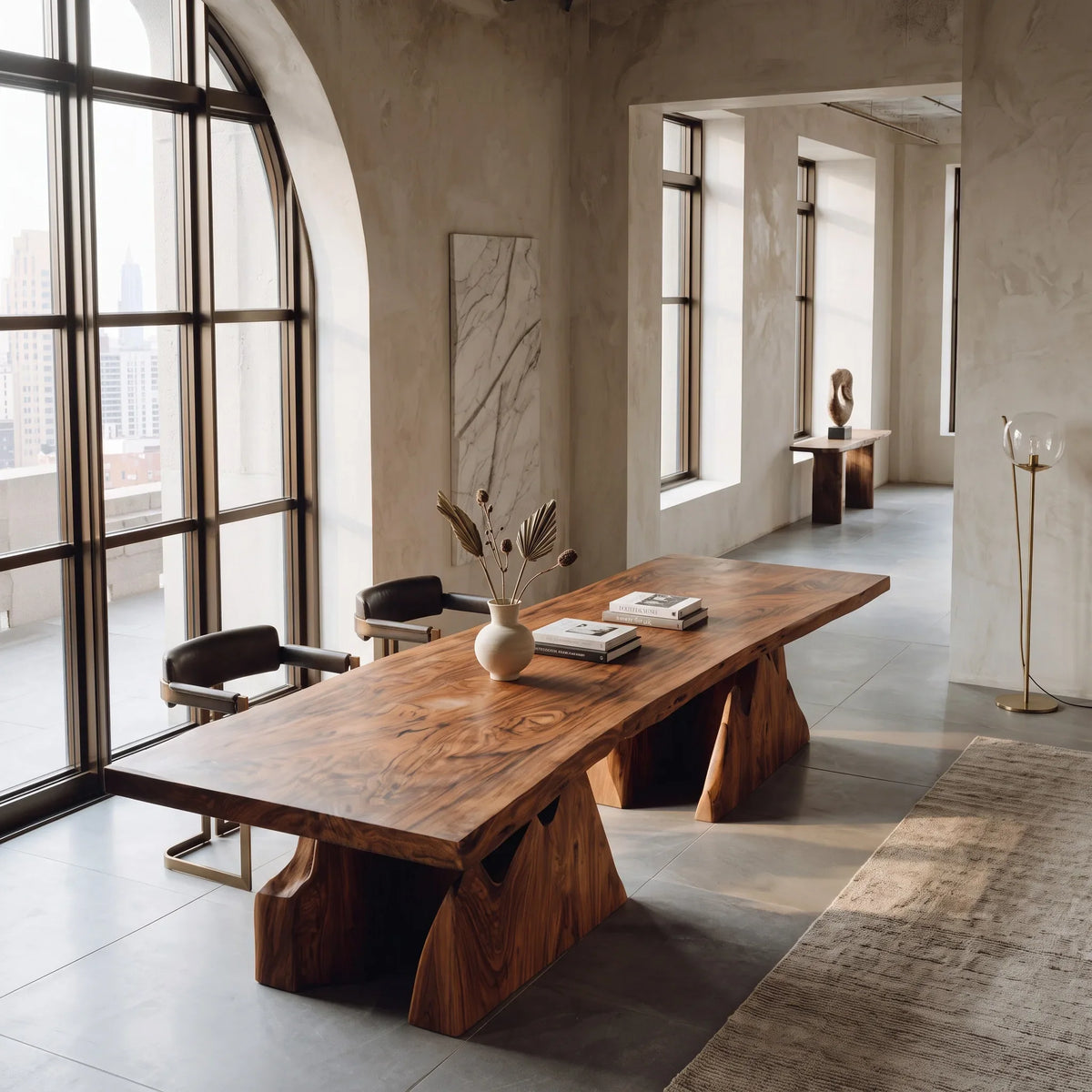 Modern Natural Wood Dining Table Geometric Pedestal For Dining Room
