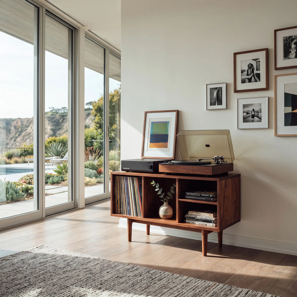 Minimalist Record Cabinet With Four Open Shelves For Interior