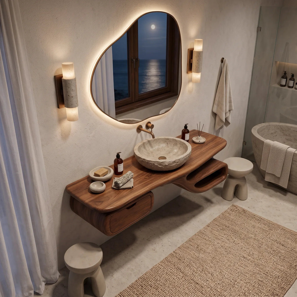 Transitional Floating Bathroom Vanity Curved Storage For Modern Bathroom