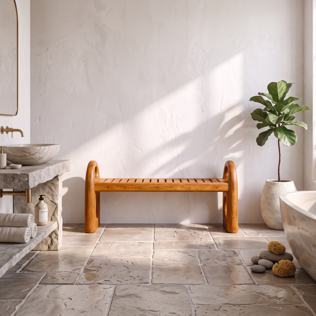 Scandinavian Bathroom Bench With Simple Backless Form For Bathroom