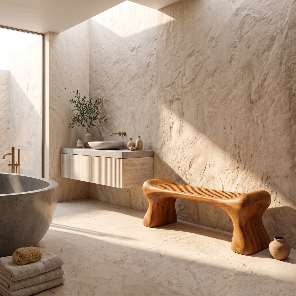 Rustic Wooden Shower Bench With Thick Sculpted Legs For Bathroom