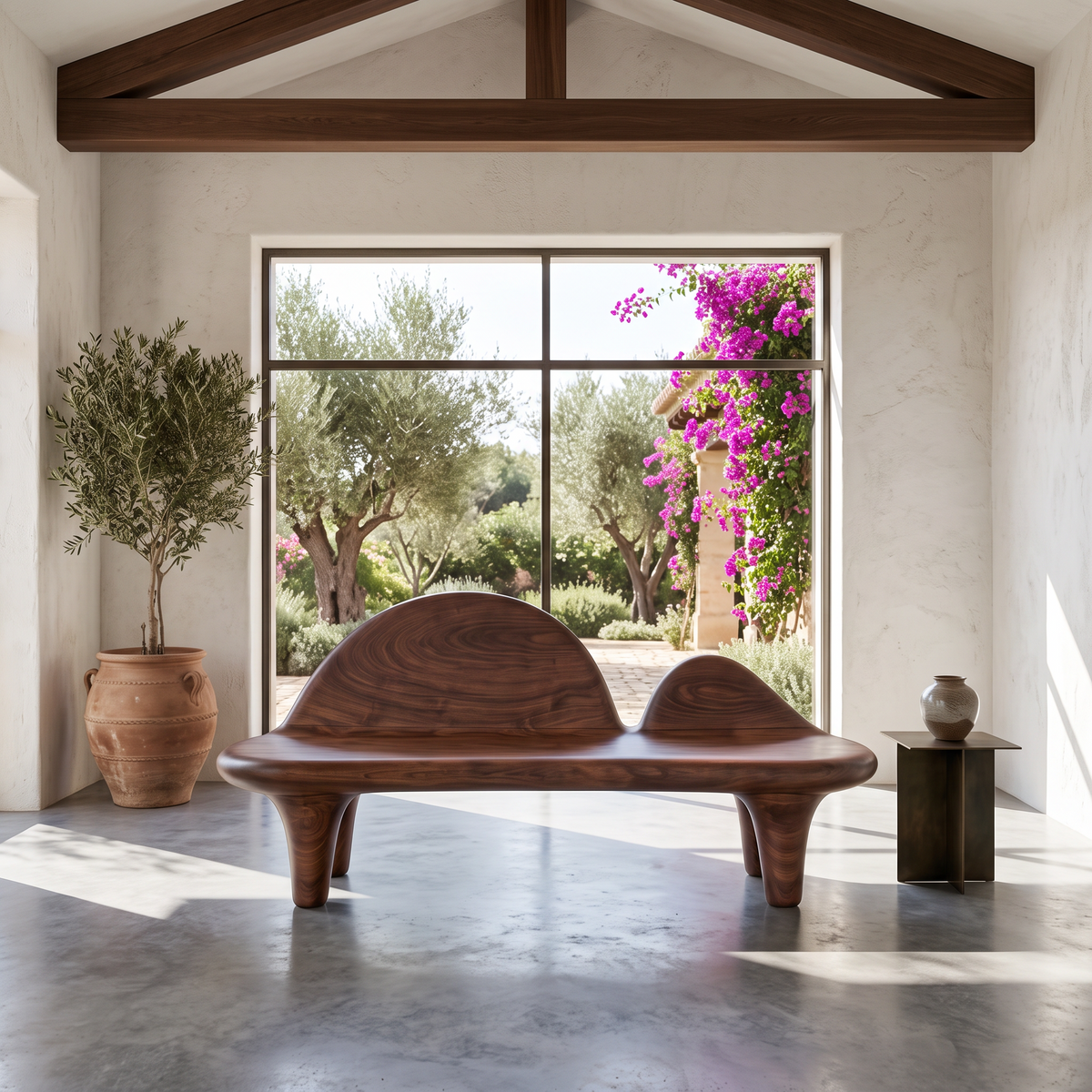 Modern Halloween Bench With Sculptural Curved Backrest For Entryway