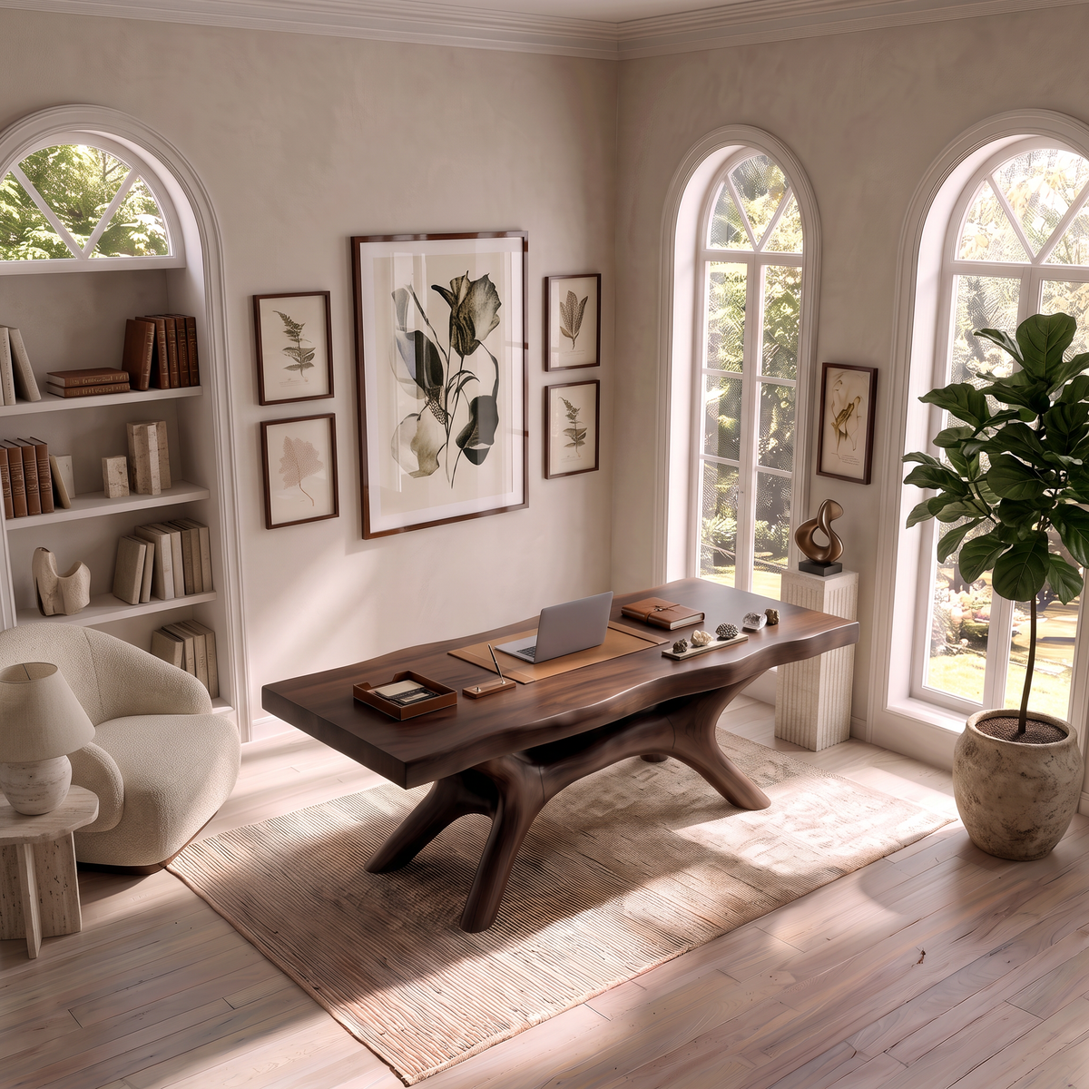 Rustic Dark Office Desk With Sculptural Arch Legs For Home Office