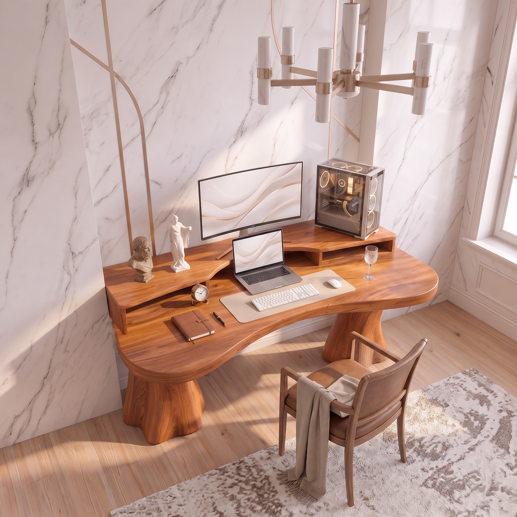 Rustic Solid Wood Desk With Tree Trunk Inspired Legs For Home Office