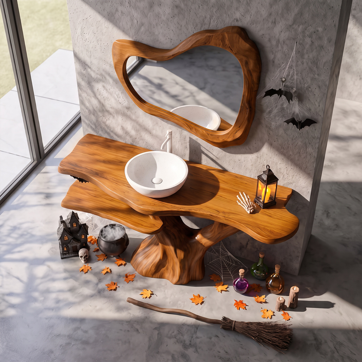 Mid Century Halloween Solid Wood Bathroom Vanity With Sculptural Tree Form For Bathroom