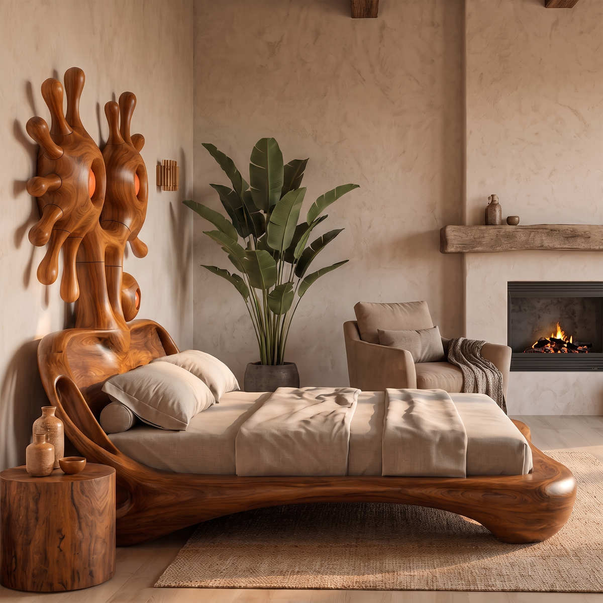 Modern Bed Frame With Sculptural Abstract Headboard For Bedroom
