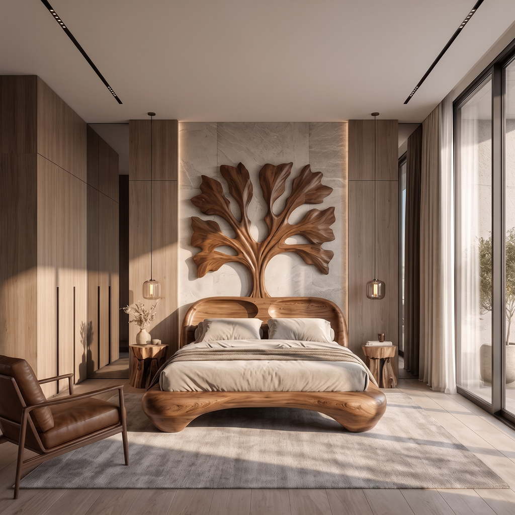 Organic Wooden Bed Frame With Artistic Tree Silhouette Headboard For Bedroom