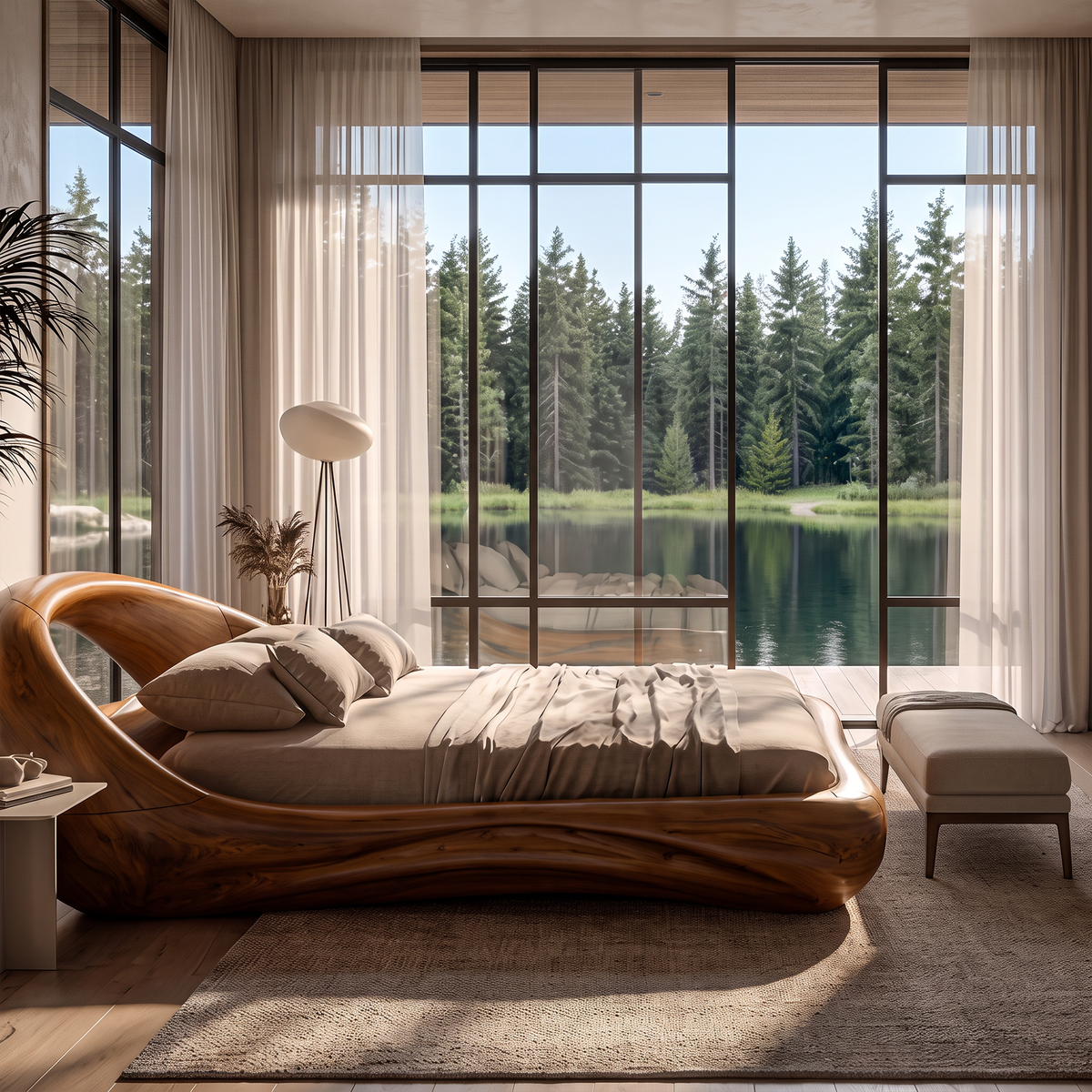 Modern King Bed Frame With Flowing Curved Headboard For Bedroom