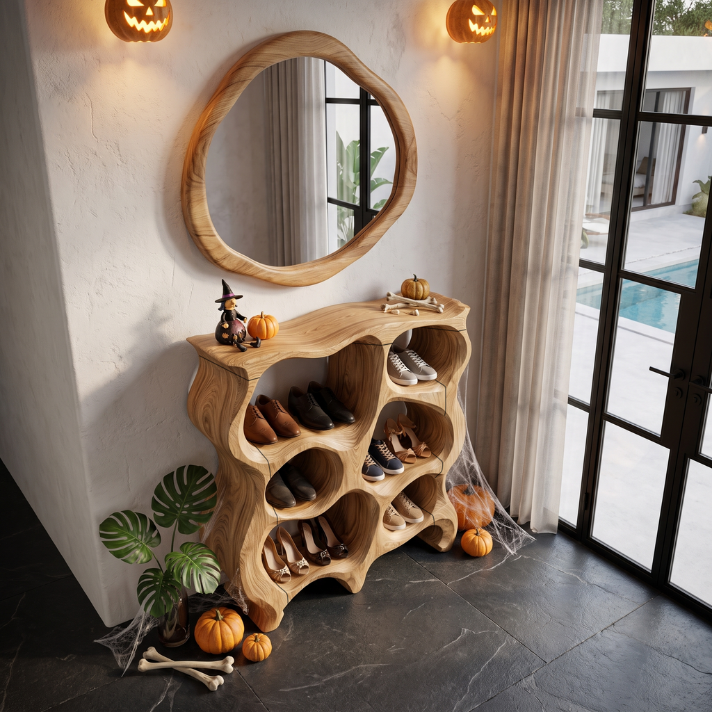 Rustic Halloween Multi Tier Shoe Rack With Carved Hollow Design For Entryway