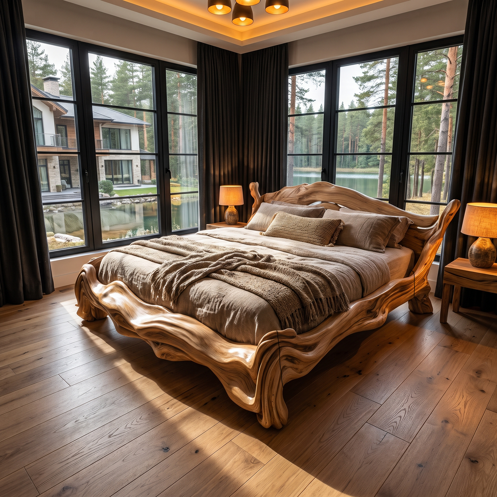 Contemporary King Bed Frame With Flowing Ripple Form For Bedroom