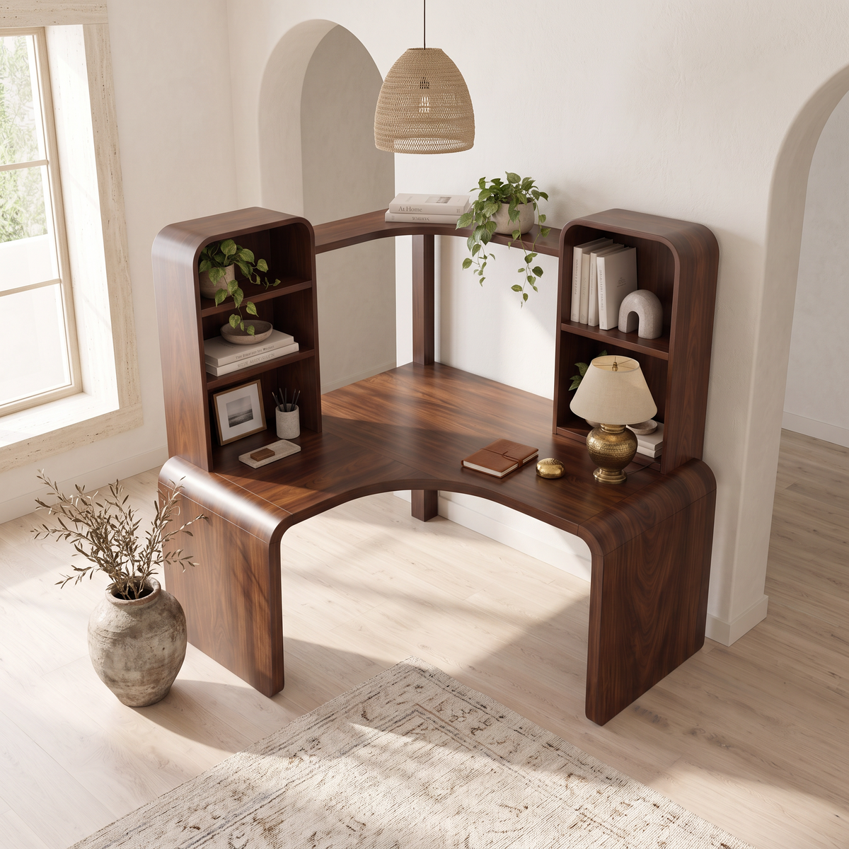 Contemporary Computer Desk With Corner Bookcase For Workspace
