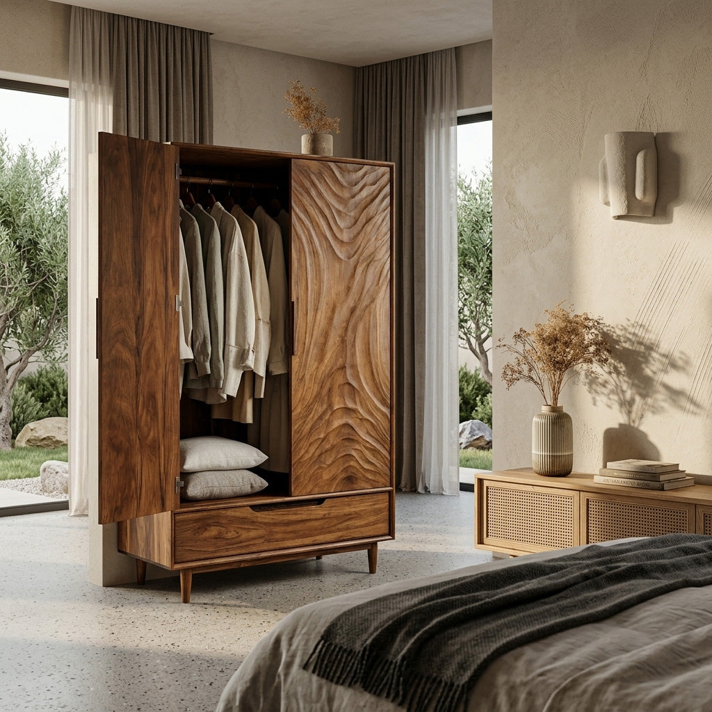 Organic Wardrobe With Carved Door For Bedroom