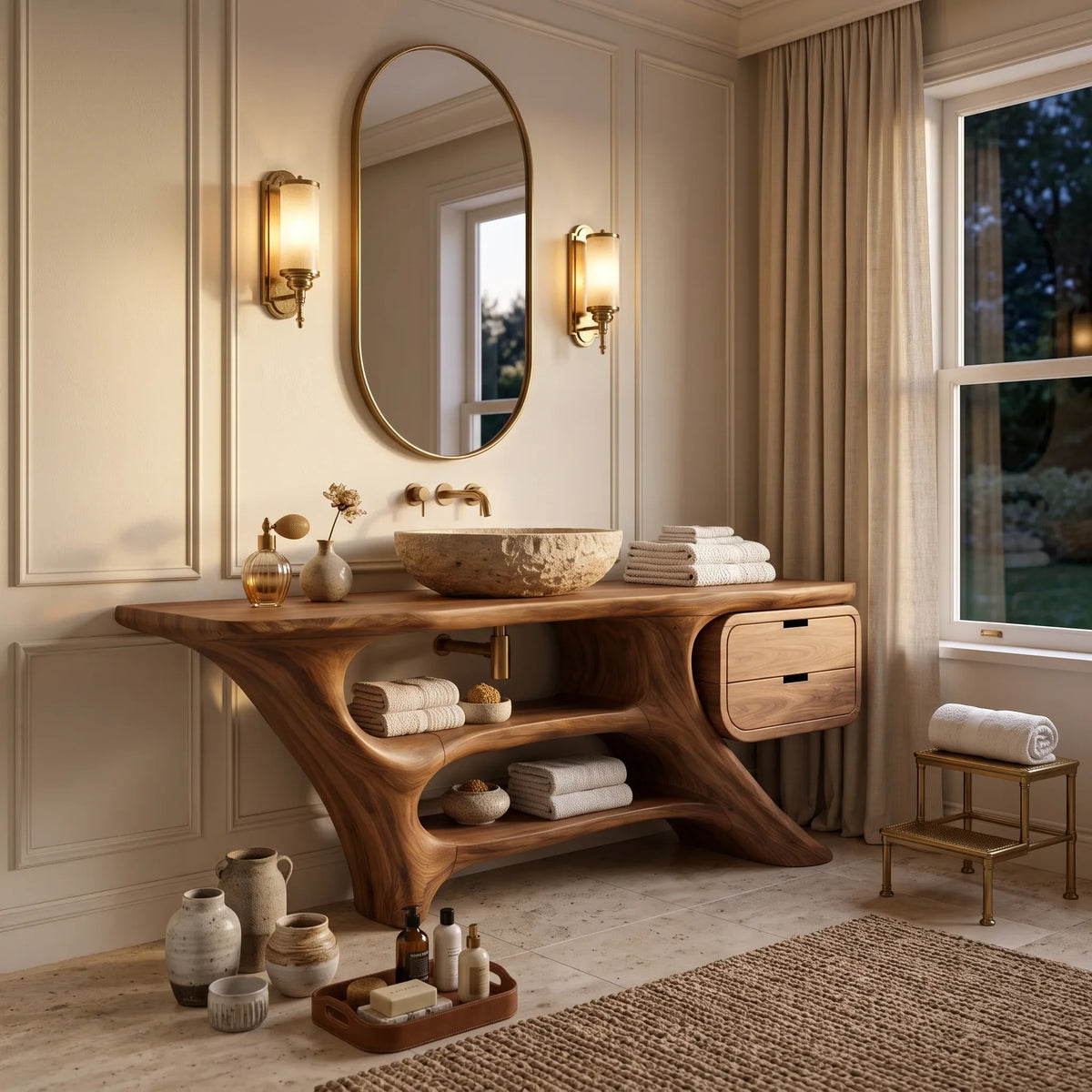 Sculptural Bathroom Vanity Flowing Shelves With Drawer For Modern Spaces