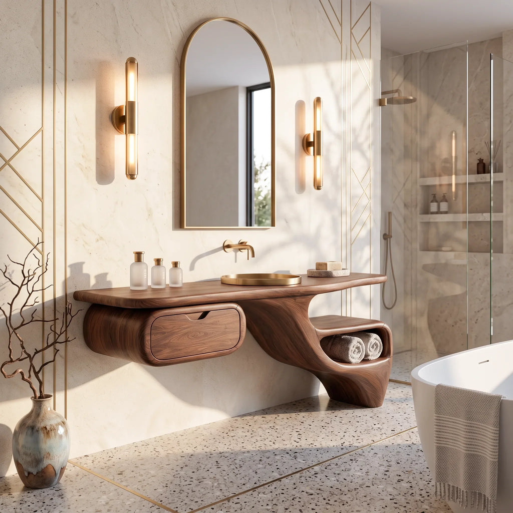 Sculptural Bathroom Vanity Flowing Shelves With Storage For Luxury Bathroom