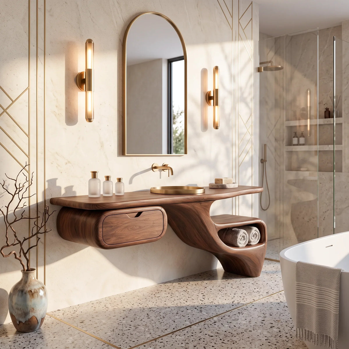 Sculptural Bathroom Vanity Flowing Shelves With Storage For Luxury Bathroom