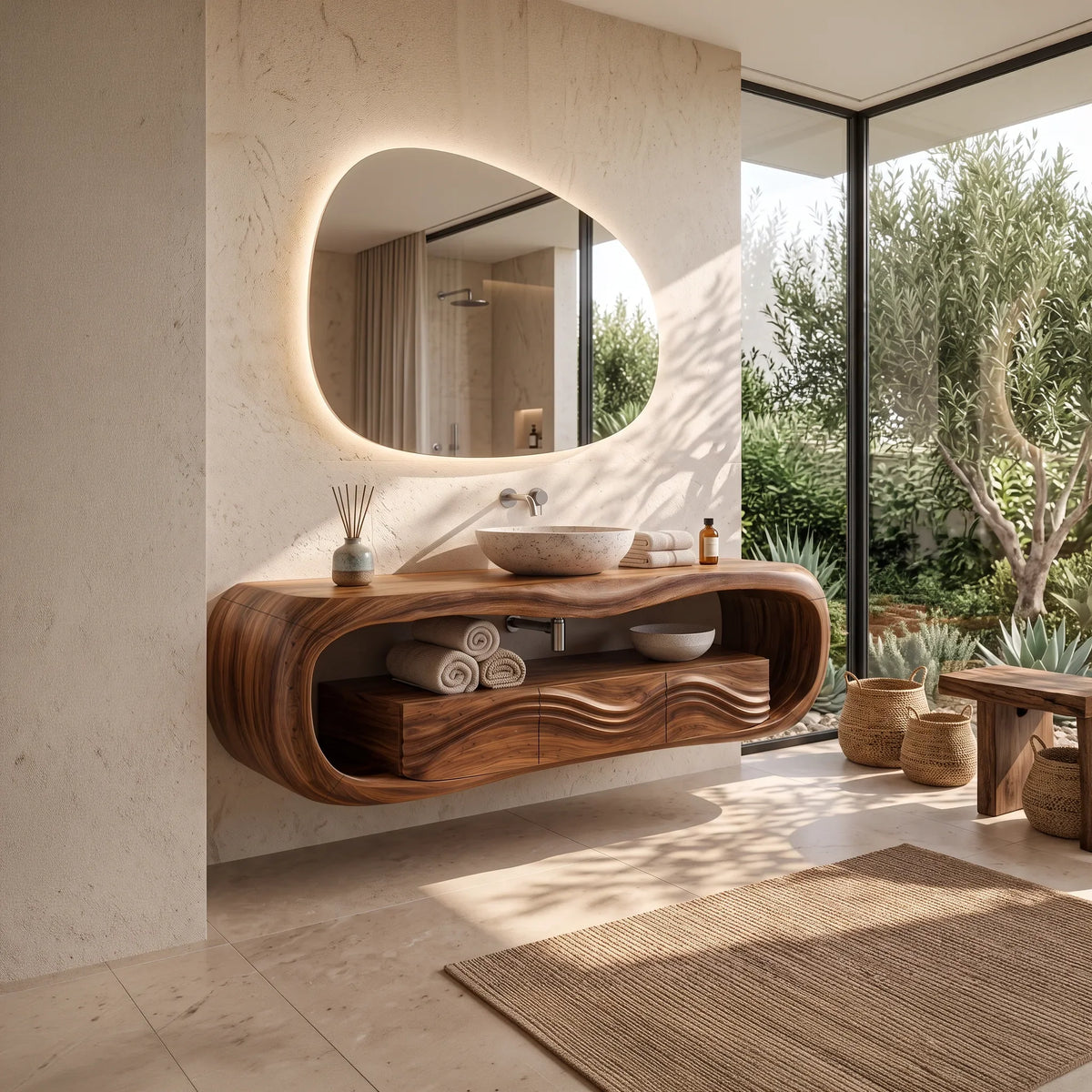 Sculptural Wall Mounted Bathroom Vanity Curved Shelves For Luxury Bathroom