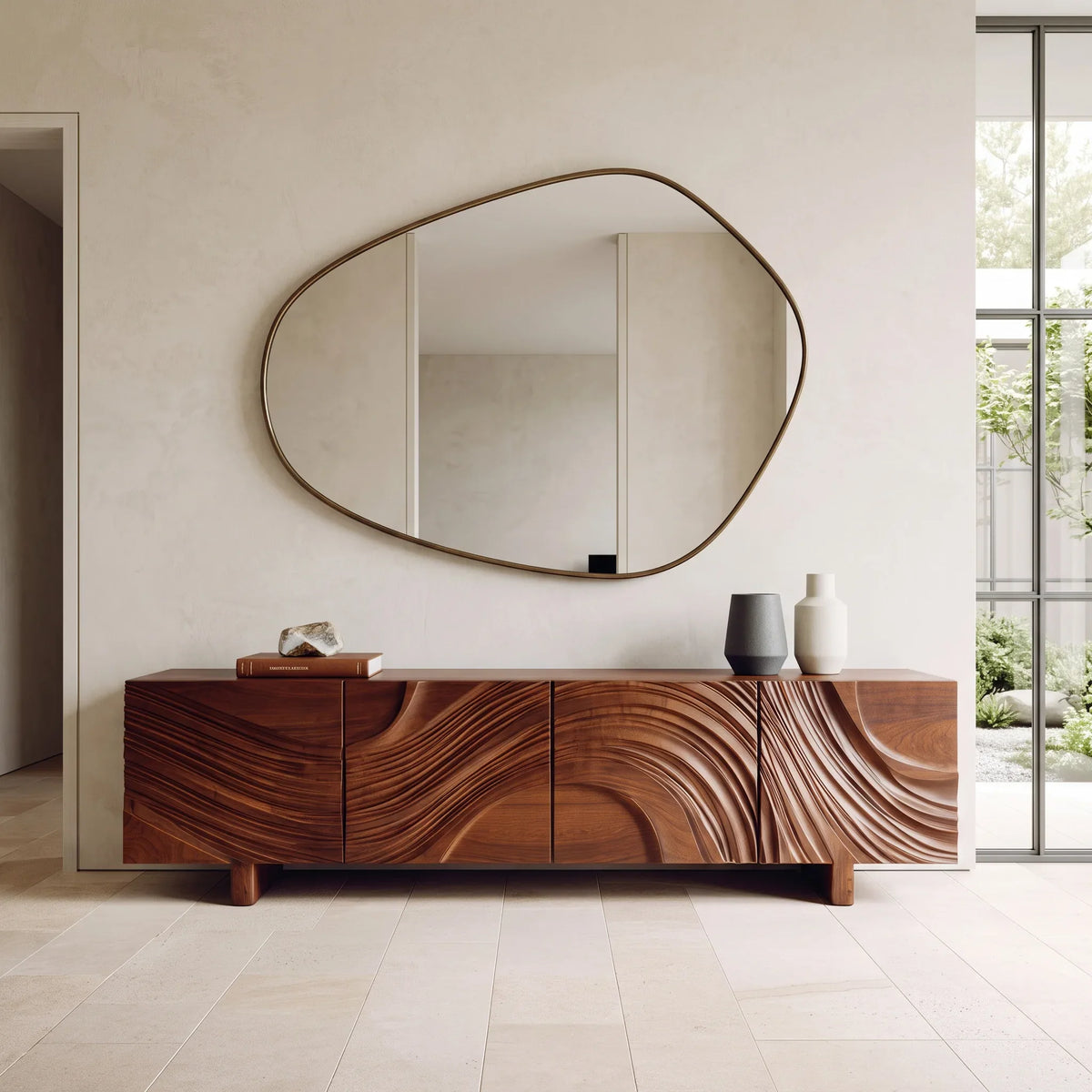 Contemporary Ripple Carved Sideboard For Entryway
