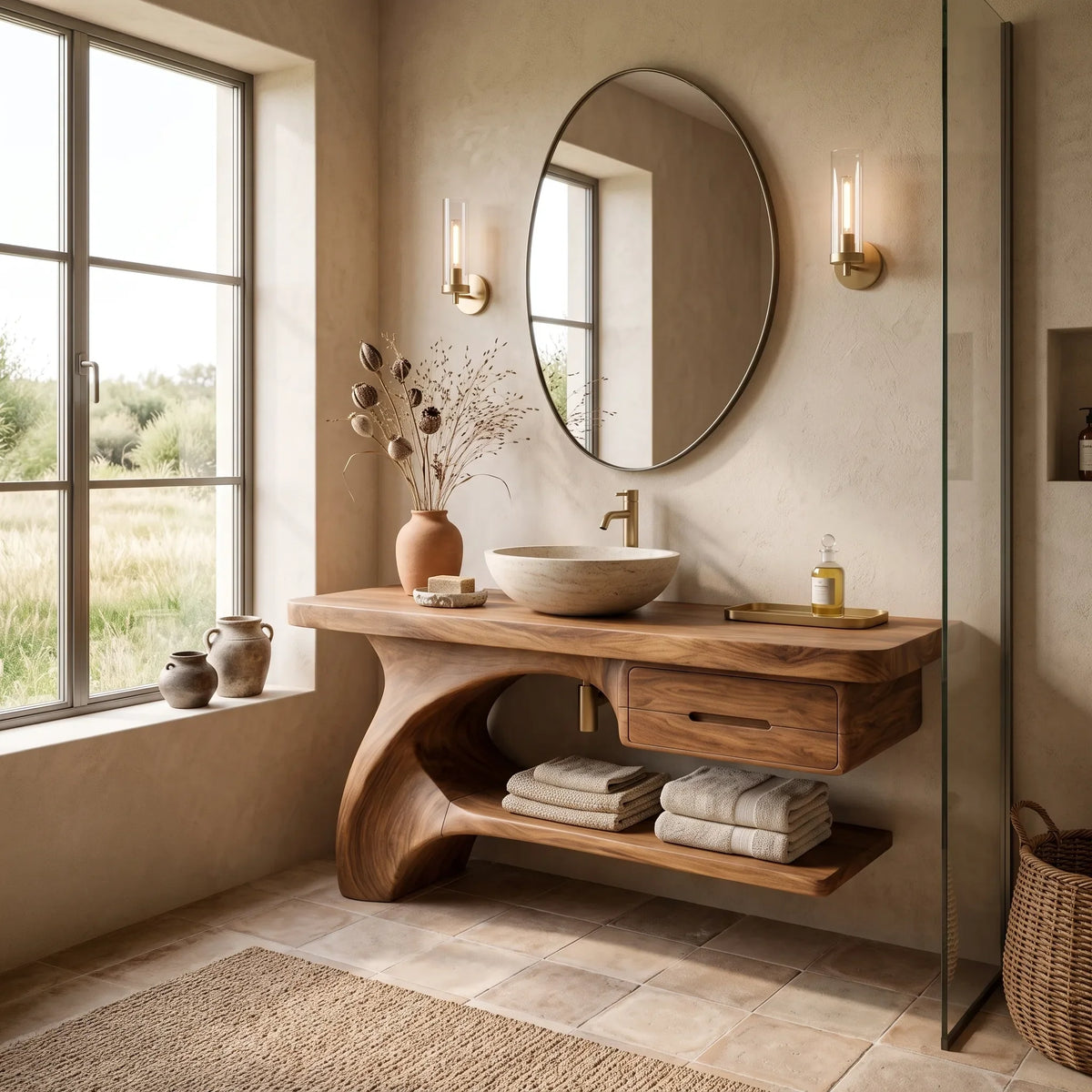 Sculptural Bathroom Vanity Curved Base With Storage For Modern Homes