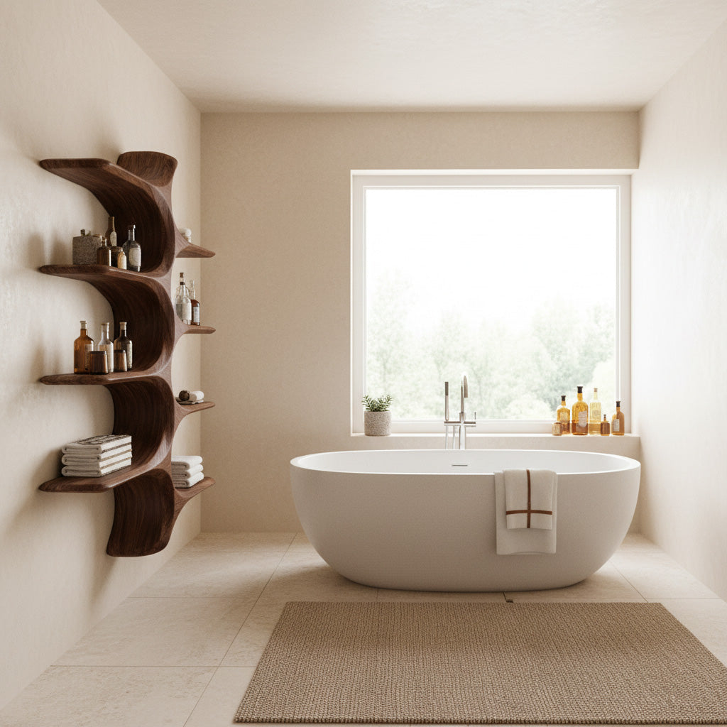 Organic Sculptural Natural Wood Bathroom Shelf For Spa