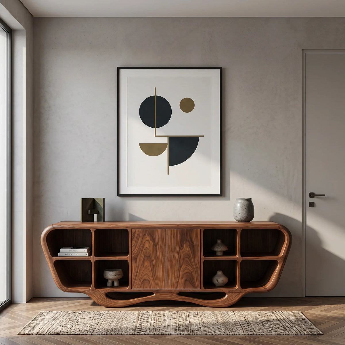 Modern Sculptural Open Shelf Sideboard For Living Room