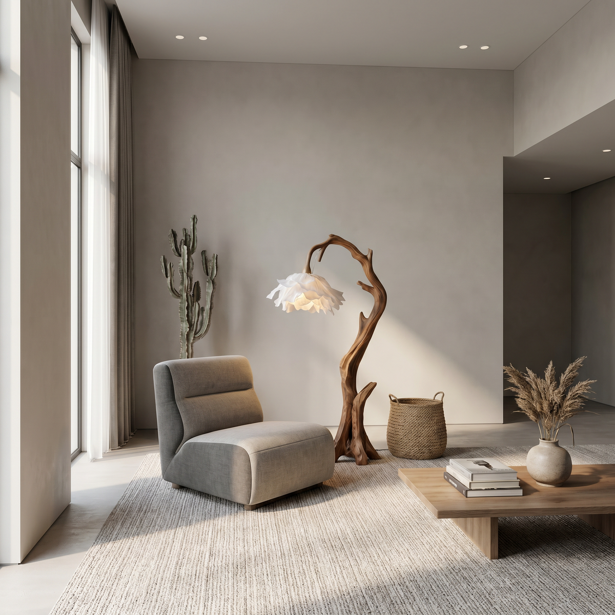 Nature Inspired Flower Floor Lamp With Solid Wood Base