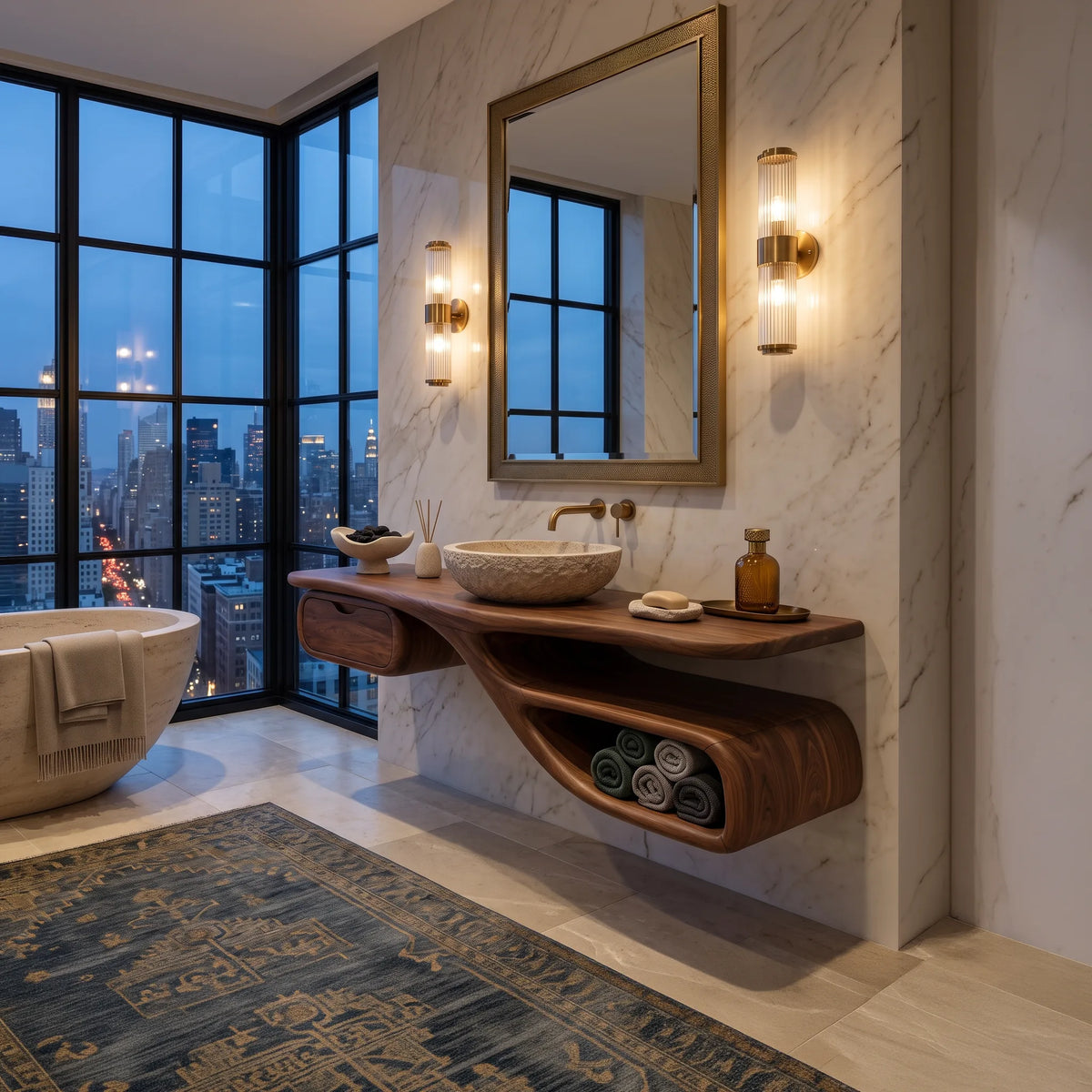 Transitional Floating Bathroom Vanity Curved Storage For Modern Bathroom