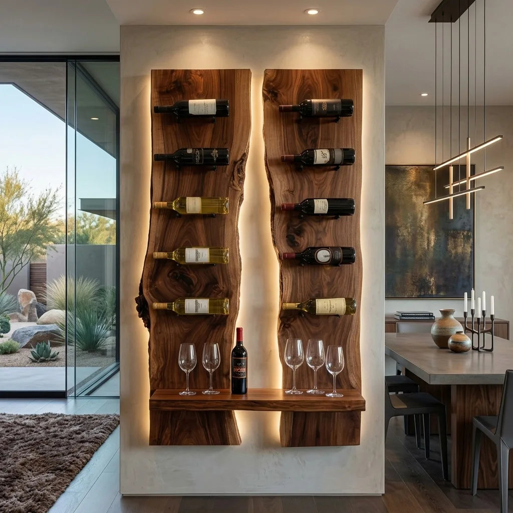 Contemporary Live Edge Wine Rack With Display Shelf For Dining Room