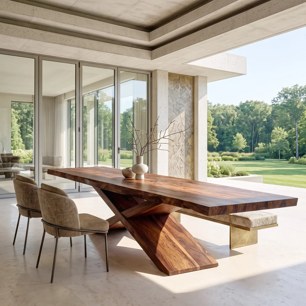 Contemporary Natural Wood Dining Table Geometric Base For Dining Room