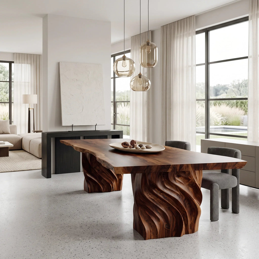 Luxury Natural Wood Dining Table Carved Pedestal For Dining Room