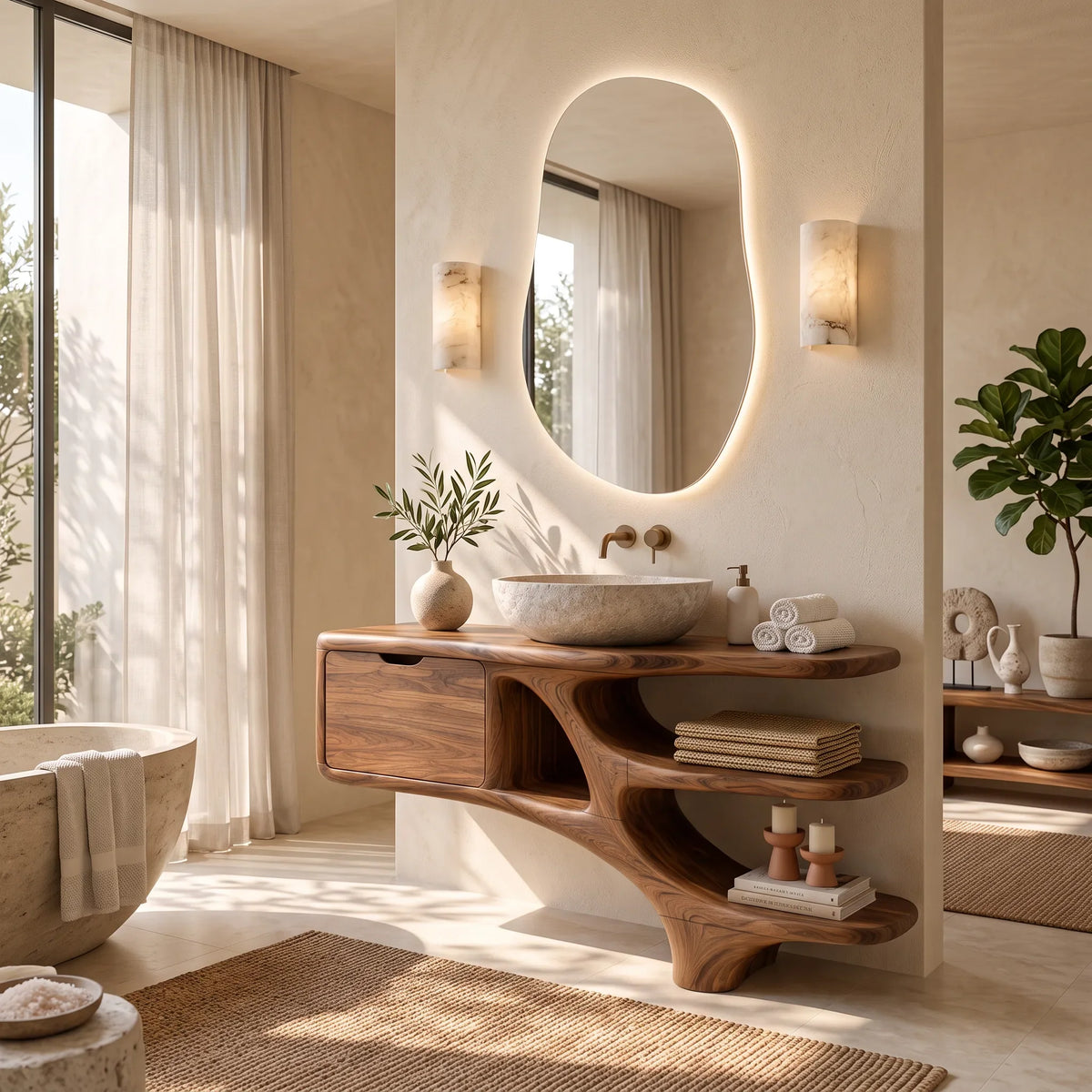 Contemporary Bathroom Vanity Curved Shelves With Cabinet For Modern Ensuite