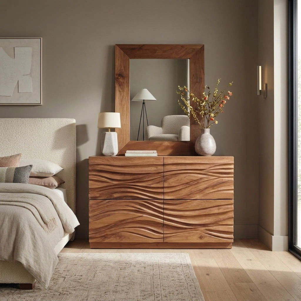 Contemporary Wave Carved Dresser For Bedroom