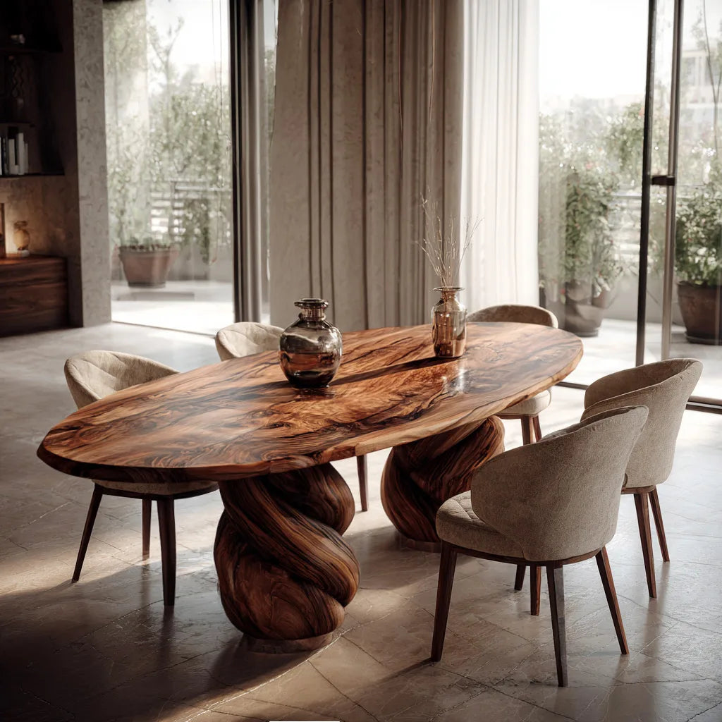 Modern Natural Wood Dining Table Twisted Pedestal For Dining Room