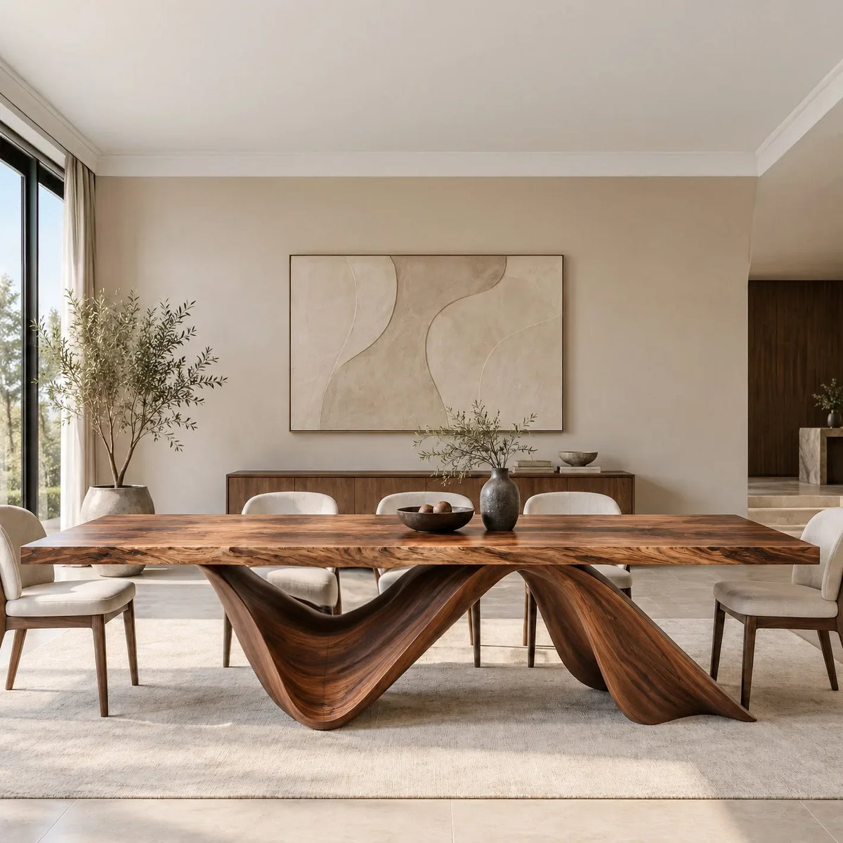 Luxury Natural Wood Dining Table Wave Base For Dining Room