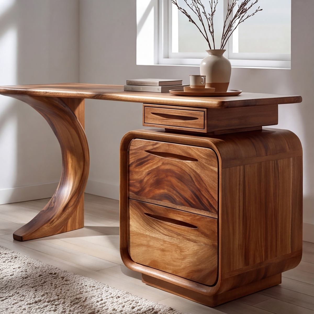 Aurelith Sculpted Solid Wood Desk With Drawers