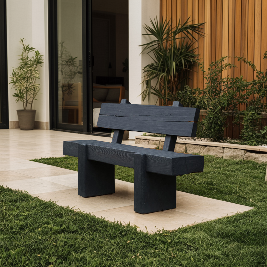 Modern Solid Wood Outdoor Bench With Charred Finish For Garden Or Patio